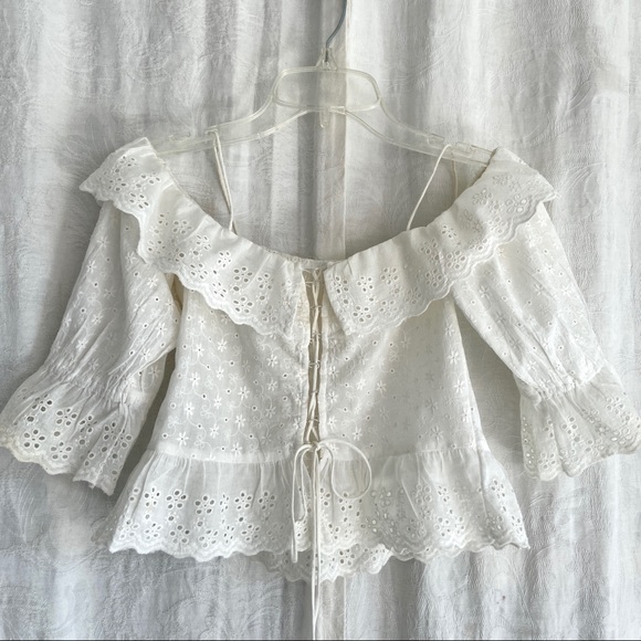Zara Tops - ZARA Boho Off Shoulder Crop Top Ivory Eyelet Lace